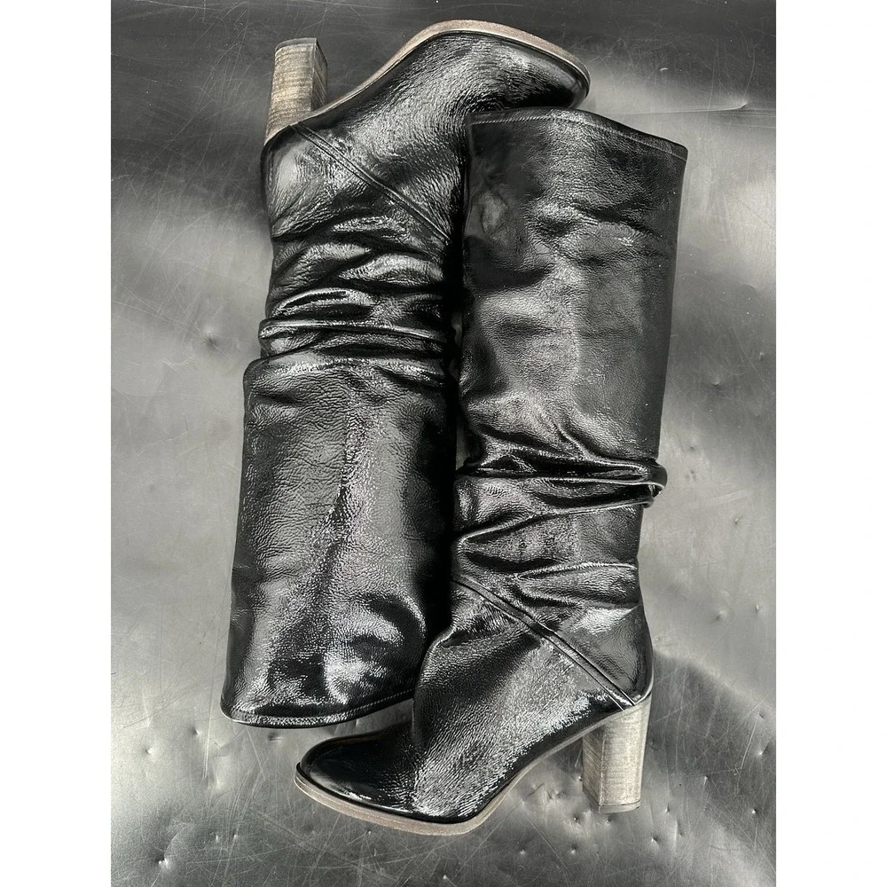 Free People Tennison Black Patent Leather Knee High Slouch Boots Sz EU 38 US 7.5